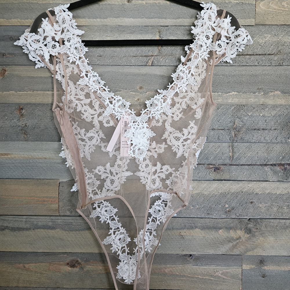 Victoria's Secret Pink Sheer Lace Bodysuit with White Floral Trim - Picture 2 of 6